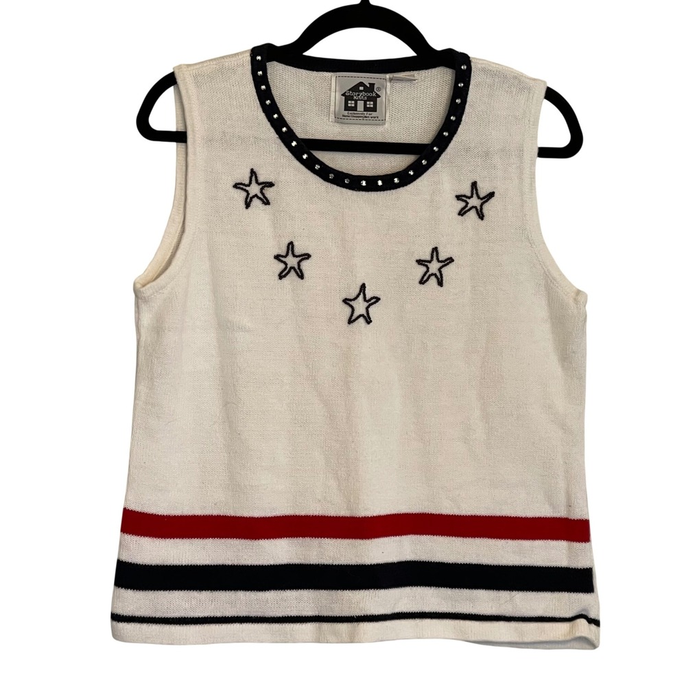 Storybook Knits American Celebration Tank Top Beaded Stars White Red Blue Large